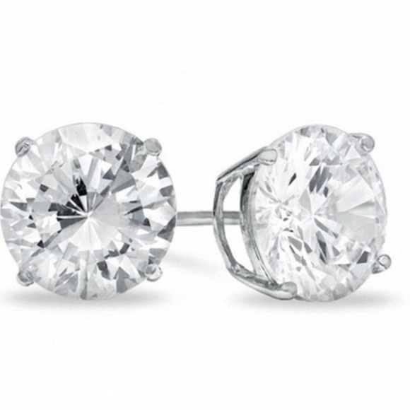 14K White Gold Plated Solitaire Round CZ Sleeper Studs - Picture 1 of 1